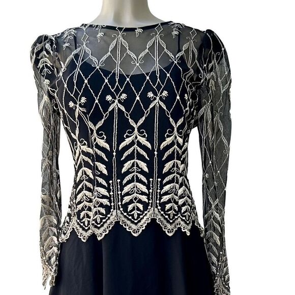 Cachet by Bari Protas Vintage Size Small Black Maxi Dress Lovely Gold Embroidery - Picture 2 of 13